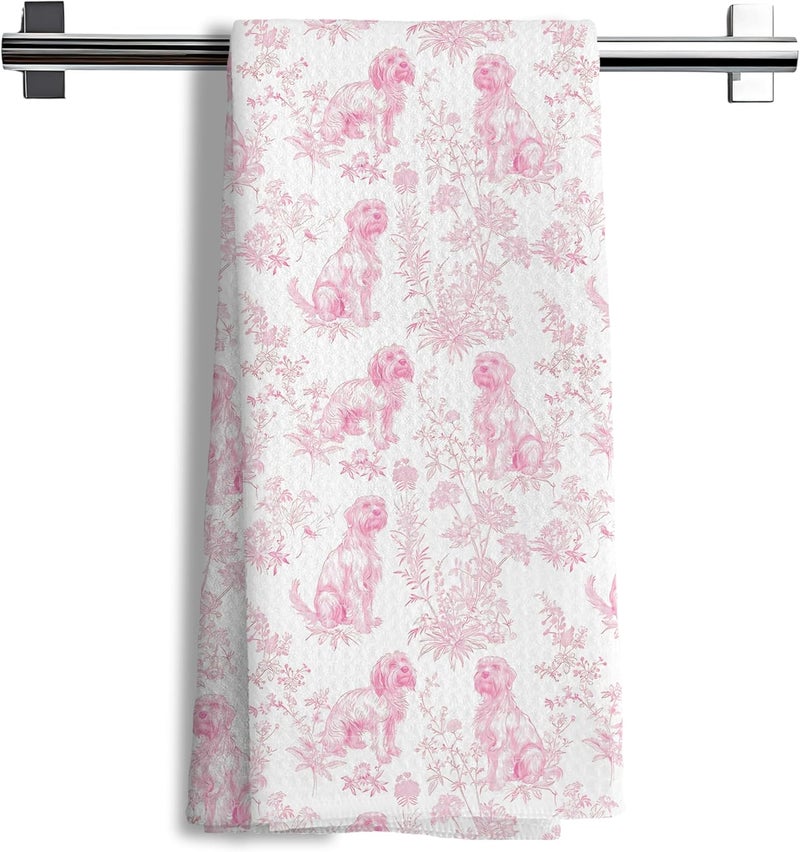 Nipil Shih Tzu Dog Gifts for Pink Chinoiserie Floral Decor Kitchen Towels，Pink Shih Tzu Dog Grandmillennial Decorative Dish Tea Towels for Kitchen Bathroom,16x24 Inch - Image 1